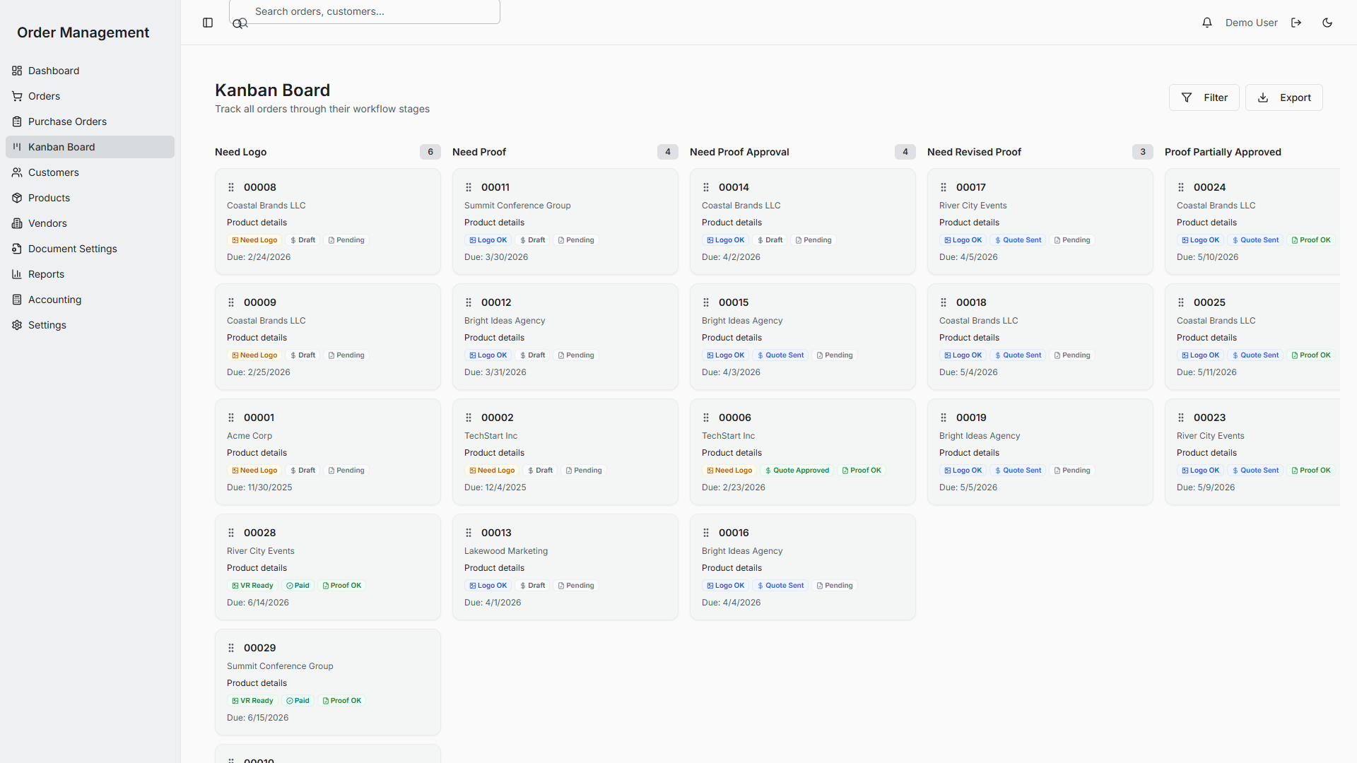 Order command center board with orders across stages