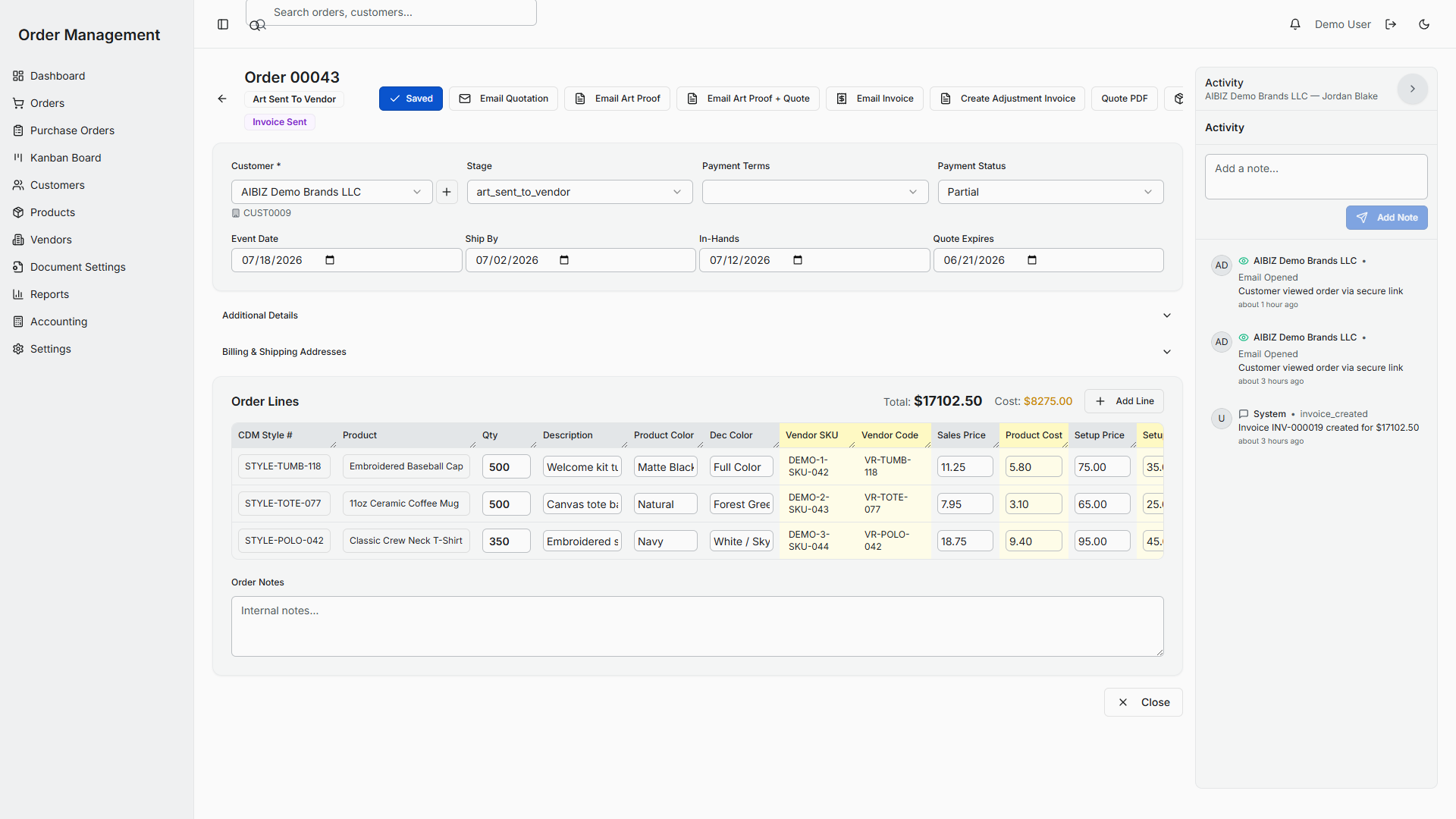 Custom workflow software with quote, invoice, email, and document actions
