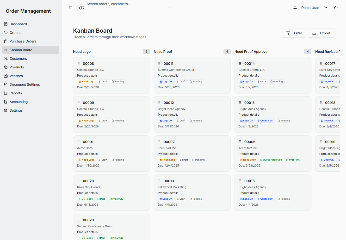 Order board with multiple active orders across stages