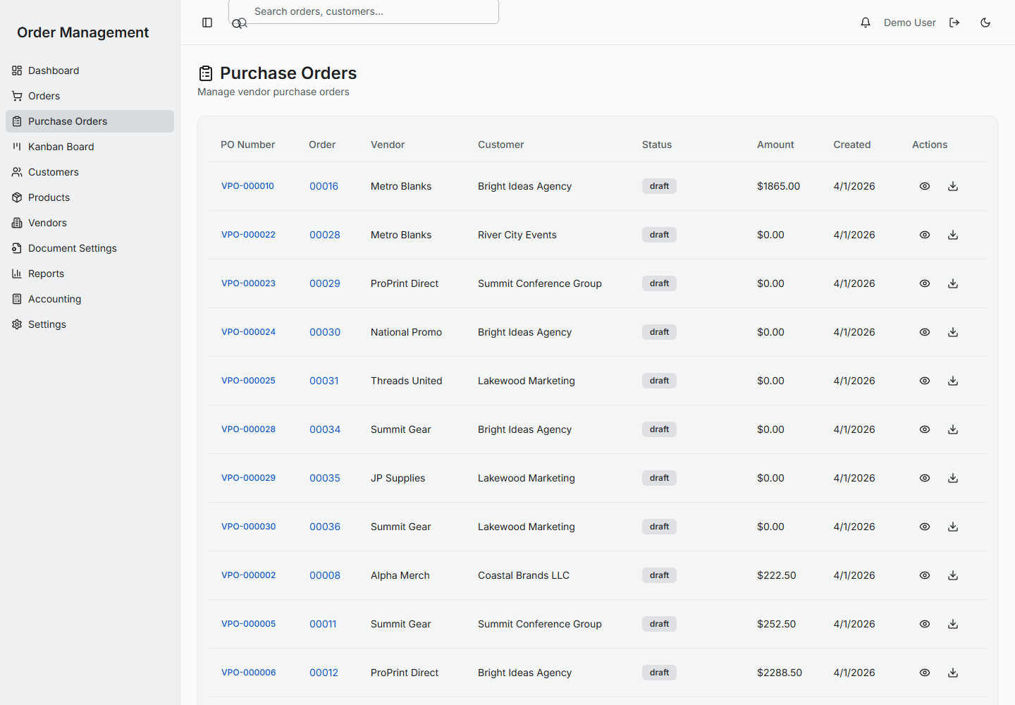 Purchase order and vendor status screenshot