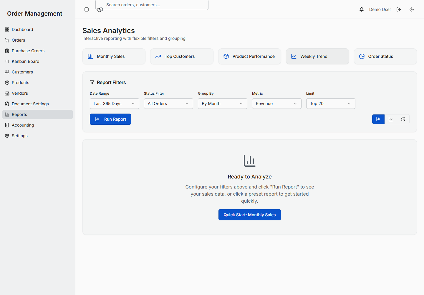 Operations reporting screen with filters and report controls