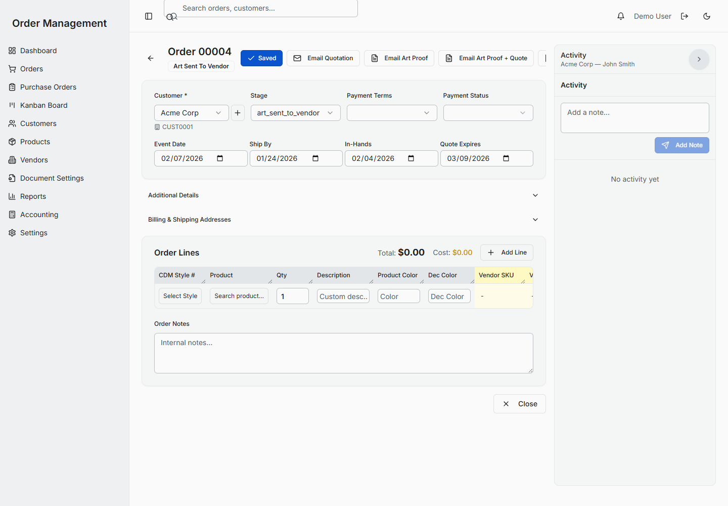 Order editor command center with customer, vendor, and document actions