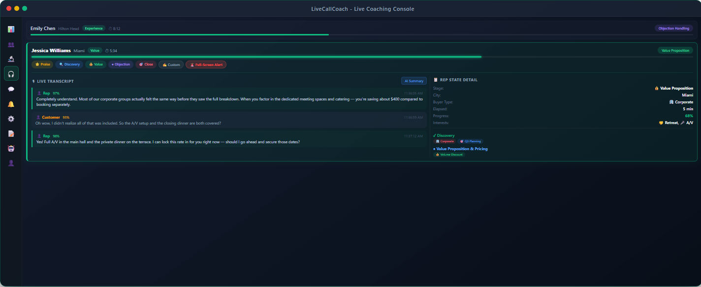 LiveCallCoach live coaching console screenshot