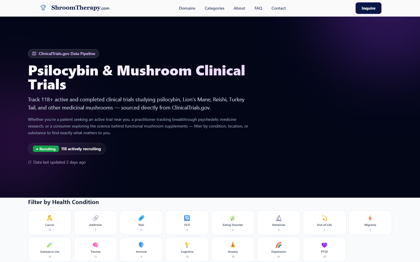ShroomTherapy.com clinical trials data platform screenshot